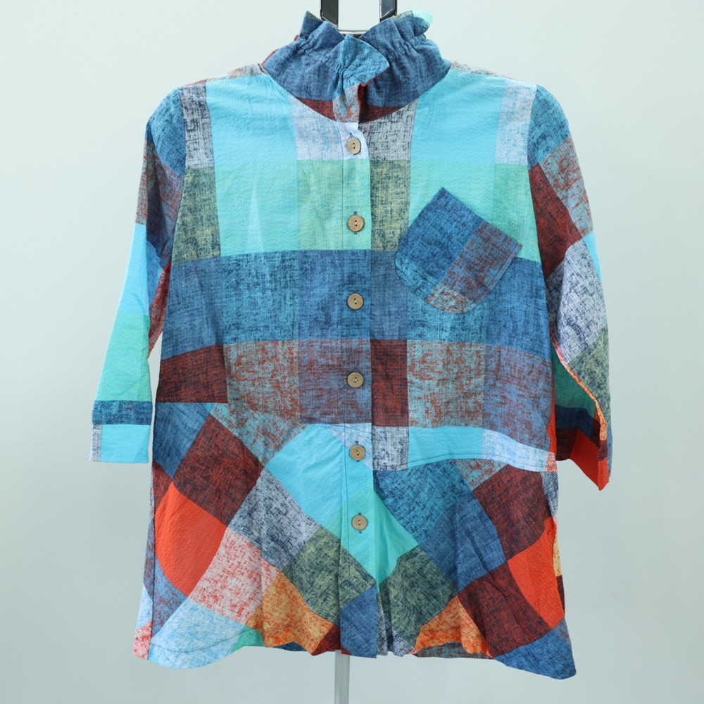 Terra SJ Apparel Tunic Top‎ Womens Medium Multicolor Lagenlook Wired Collar NWT